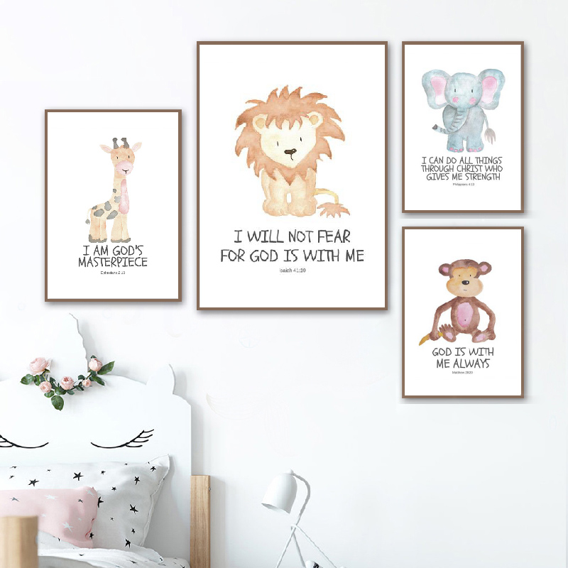 Baby Nursery Animal Prints - Bible Verse Animal Prints Watercolor Safari