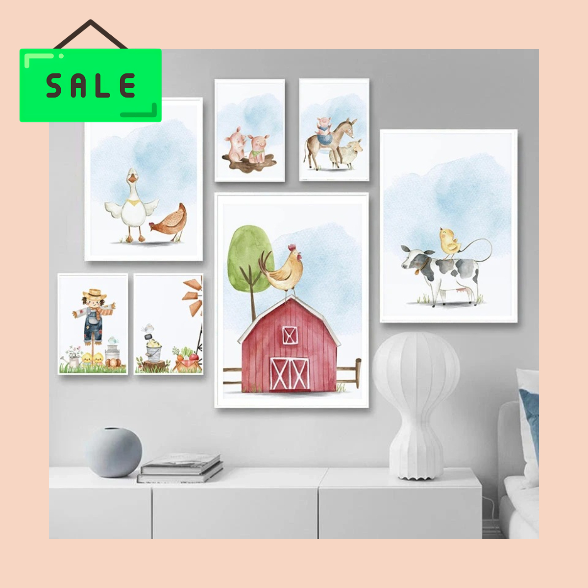 Baby Nursery Animal Prints - Children Minimalist Cute Farm Cartoon Animal