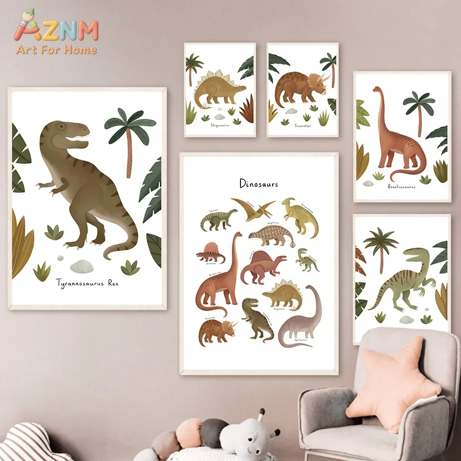 Baby Nursery Animal Prints - Dinosaur Tyrannosaurus Rex Triceratops Tree Cartoon