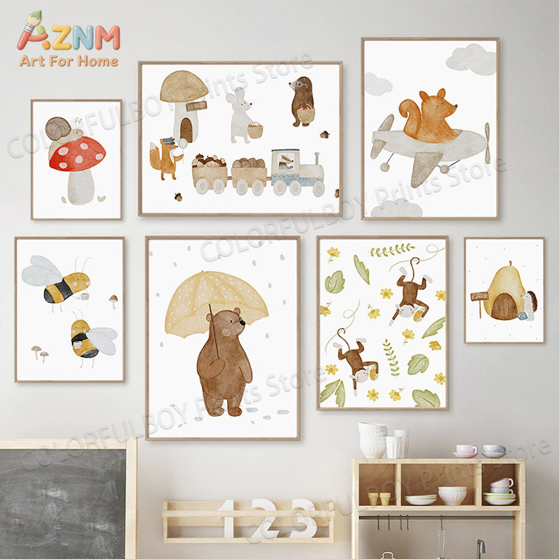 Baby Nursery Animal Prints - Boho Animals Bear Rabbit Hedgehog Monkey