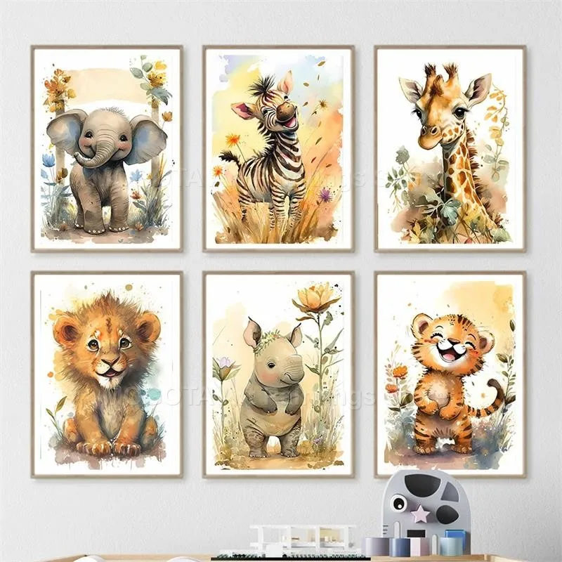 Watercolor Lion Giraffe Tiger  – обзор и цена Baby Nursery Animal Prints
